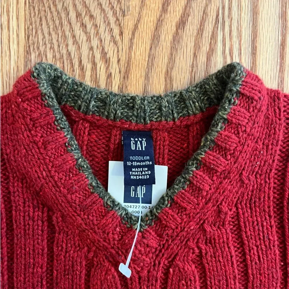 Baby Gap NWT Knit Sweater Cotton Wool Red V Neck Holidays Christmas 12-18 Months